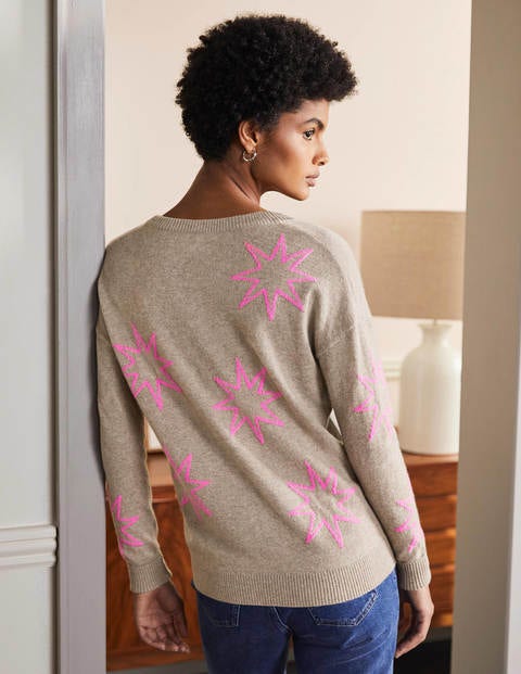 Cashmere V-neck Relaxed Jumper - Mink Melange, Neon Starburst Cashmere V-neck Relaxed Jumper - Mink Melange, Neon Starburst