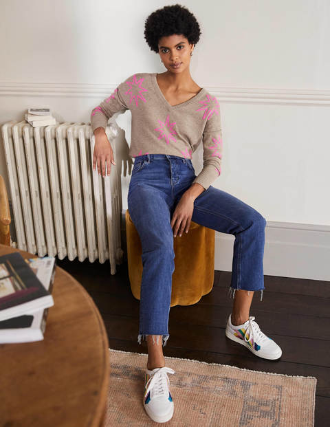 Cashmere V-neck Relaxed Jumper - Mink Melange, Neon Starburst Cashmere V-neck Relaxed Jumper - Mink Melange, Neon Starburst