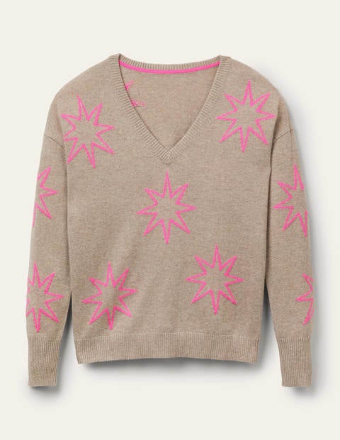 Cashmere V-neck Relaxed Jumper - Mink Melange, Neon Starburst Cashmere V-neck Relaxed Jumper - Mink Melange, Neon Starburst