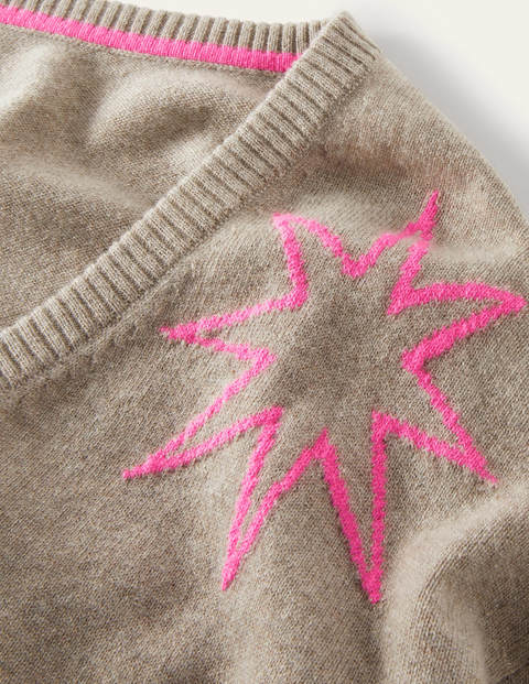 Cashmere V-neck Relaxed Jumper - Mink Melange, Neon Starburst Cashmere V-neck Relaxed Jumper - Mink Melange, Neon Starburst