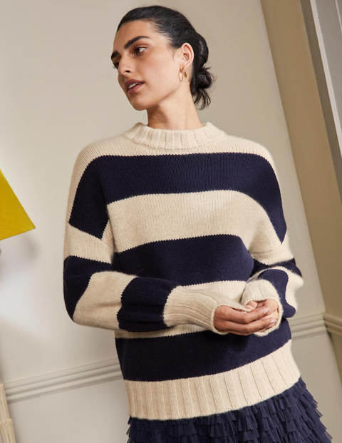Diana Grobstrickpullover aus Kaschmir - Saphirblau, Gestreift Diana Grobstrickpullover aus Kaschmir - Saphirblau, Gestreift