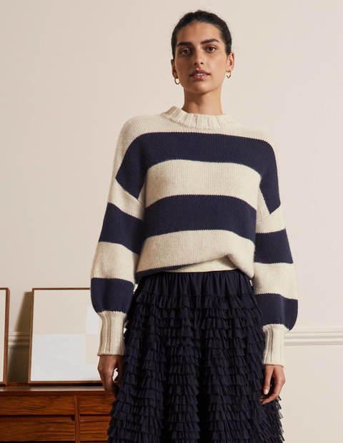 Diana Grobstrickpullover aus Kaschmir - Saphirblau, Gestreift Diana Grobstrickpullover aus Kaschmir - Saphirblau, Gestreift
