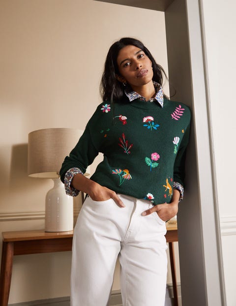 Lockerer Pullover mit Stickerei - Mitternachtsgrün Lockerer Pullover mit Stickerei - Mitternachtsgrün