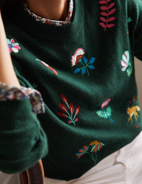 Lockerer Pullover mit Stickerei - Mitternachtsgrün