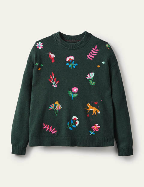 Lockerer Pullover mit Stickerei - Mitternachtsgrün Lockerer Pullover mit Stickerei - Mitternachtsgrün