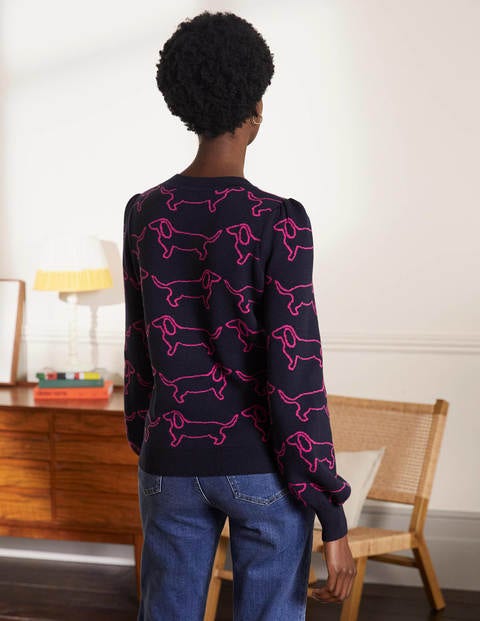 Matilda Blouson Sleeve Jumper - Navy, Dachshund Matilda Blouson Sleeve Jumper - Navy, Dachshund