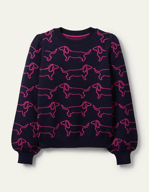 Matilda Blouson Sleeve Jumper - Navy, Dachshund Matilda Blouson Sleeve Jumper - Navy, Dachshund
