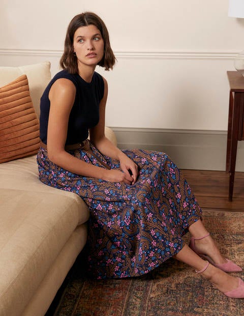 Cotton Sateen Skirt - French Navy, Floral Paisley Cotton Sateen Skirt - French Navy, Floral Paisley