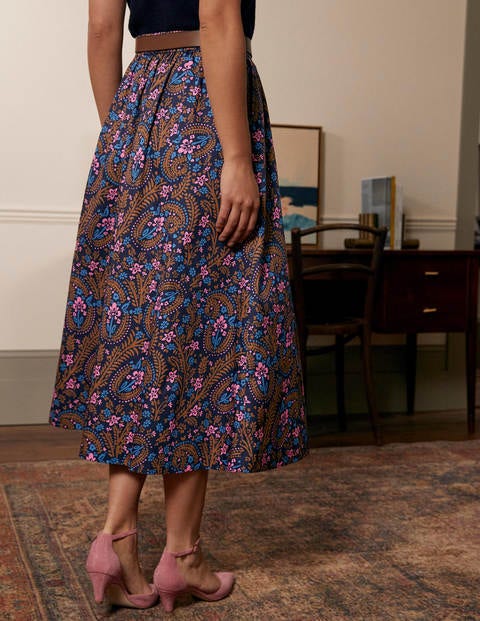 Cotton Sateen Skirt - French Navy, Floral Paisley Cotton Sateen Skirt - French Navy, Floral Paisley
