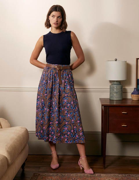 Cotton Sateen Skirt - French Navy, Floral Paisley Cotton Sateen Skirt - French Navy, Floral Paisley