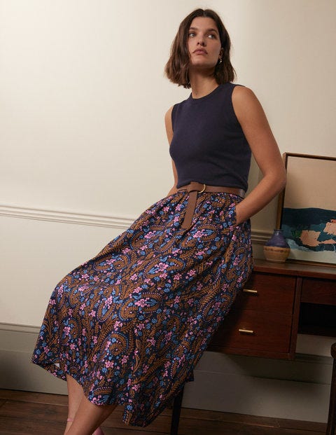 Cotton Sateen Skirt - French Navy, Floral Paisley