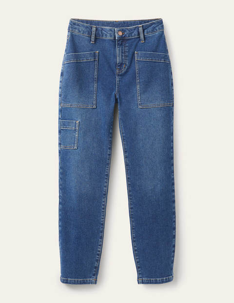 Schmal zulaufende Jeans mit aufgesetzten Taschen - Mittleres Vintageblau Schmal zulaufende Jeans mit aufgesetzten Taschen - Mittleres Vintageblau