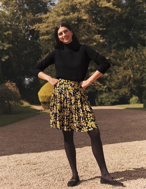 Victoria Pleated Skirt - Black, Abstract Sprig Victoria Pleated Skirt - Black, Abstract Sprig