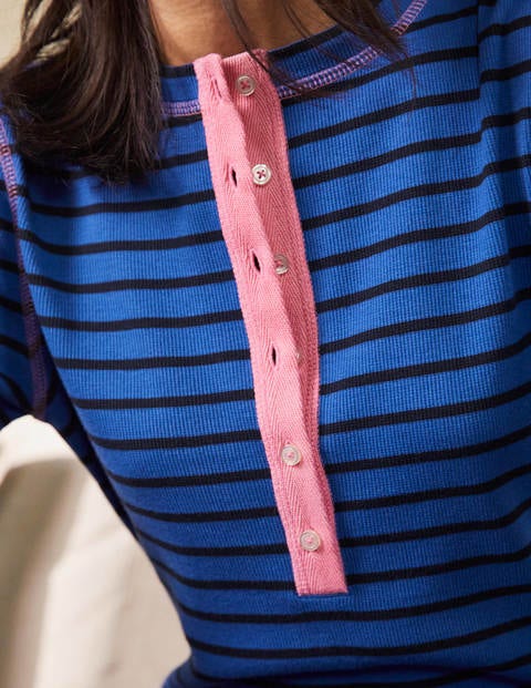 Ribbed Henley Pyjama Top - Porcelain Blue and Navy Stripe Ribbed Henley Pyjama Top - Porcelain Blue and Navy Stripe