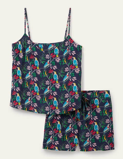 Pyjama avec caraco en soie - Bleu marine, oiseau baie Pyjama avec caraco en soie - Bleu marine, oiseau baie