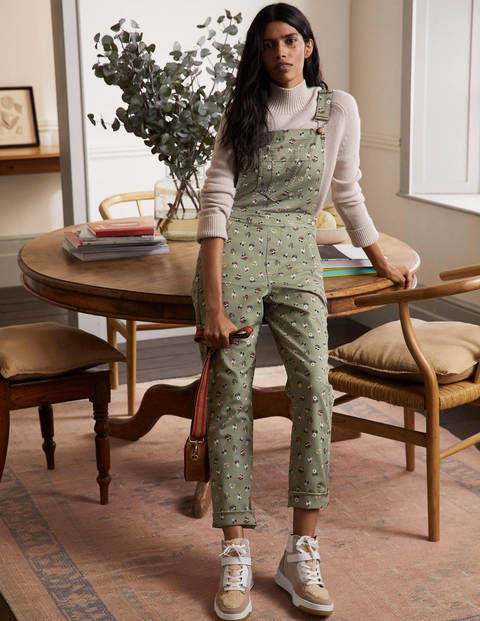 Girlfriend Dungarees - Pale Khaki, Dainty Floral Girlfriend Dungarees - Pale Khaki, Dainty Floral