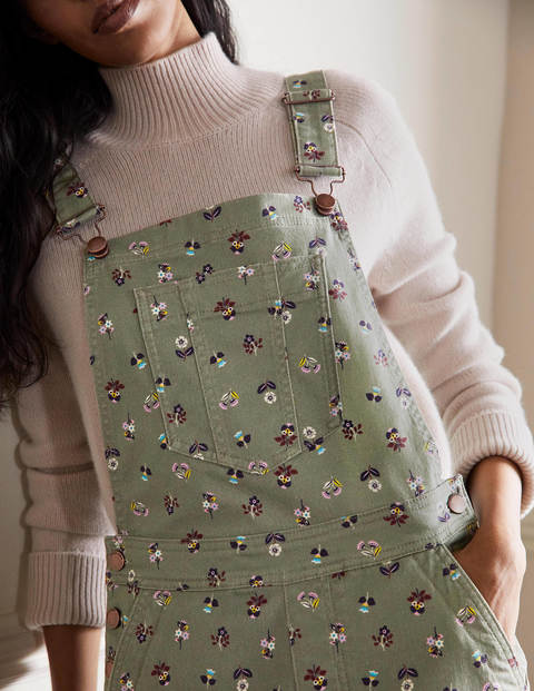 Girlfriend Dungarees - Pale Khaki, Dainty Floral Girlfriend Dungarees - Pale Khaki, Dainty Floral