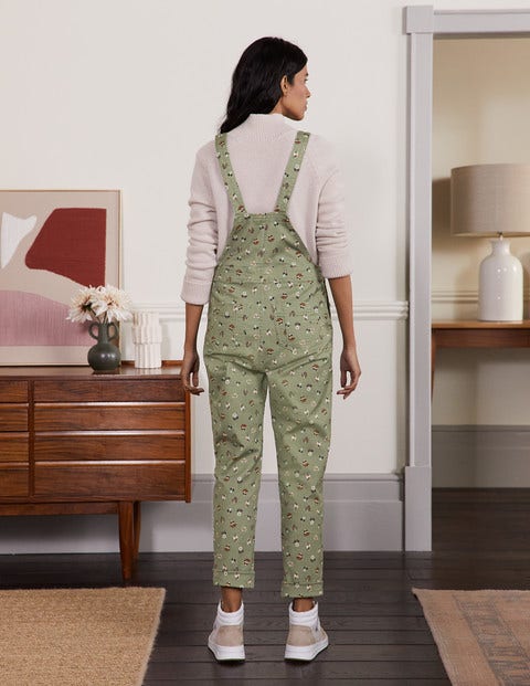 Girlfriend Dungarees - Pale Khaki, Dainty Floral Girlfriend Dungarees - Pale Khaki, Dainty Floral