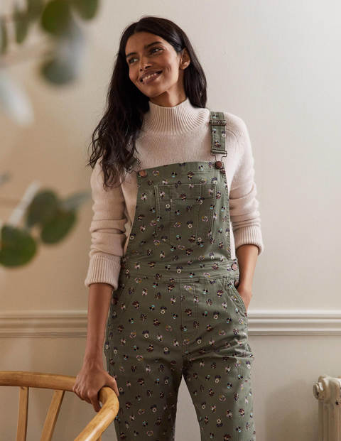 Girlfriend Dungarees - Pale Khaki, Dainty Floral Girlfriend Dungarees - Pale Khaki, Dainty Floral