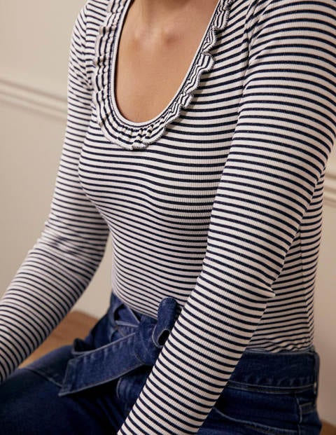 Voop Rib Frill Jersey Top - Ivory, Navy Stripe Voop Rib Frill Jersey Top - Ivory, Navy Stripe