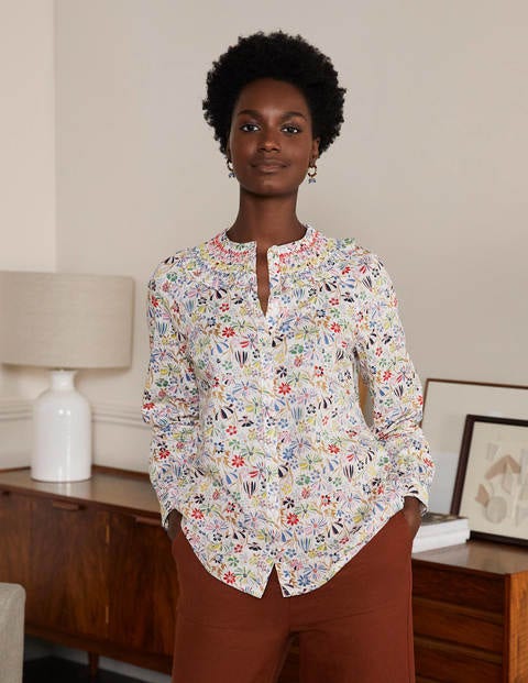 Leandra Smocked Cotton Shirt - Ivory, Wild Dandelion Leandra Smocked Cotton Shirt - Ivory, Wild Dandelion
