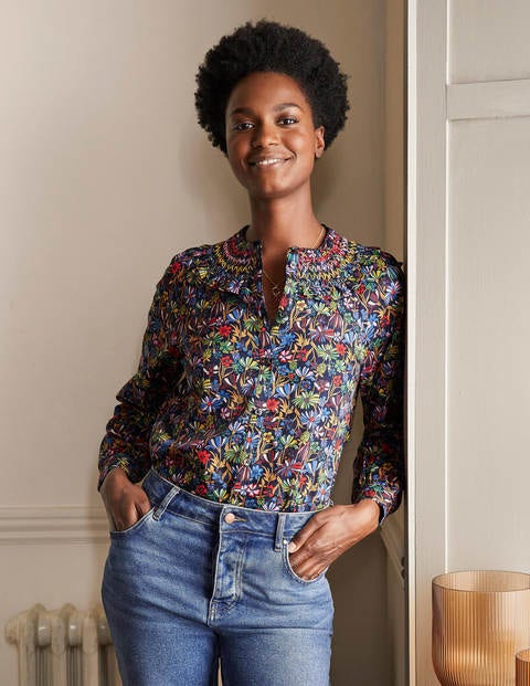 Leandra Smocked Cotton Shirt - Navy, Wild Dandelion Leandra Smocked Cotton Shirt - Navy, Wild Dandelion