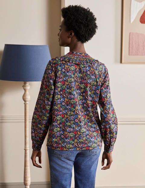 Leandra Smocked Cotton Shirt - Navy, Wild Dandelion Leandra Smocked Cotton Shirt - Navy, Wild Dandelion