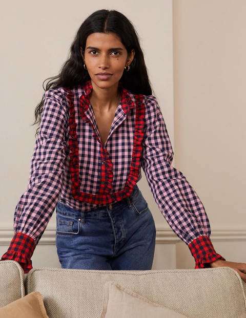 Isla Bluse mit Rüschen - Kirschblütenrosa/Navy, Vichykaros Isla Bluse mit Rüschen - Kirschblütenrosa/Navy, Vichykaros