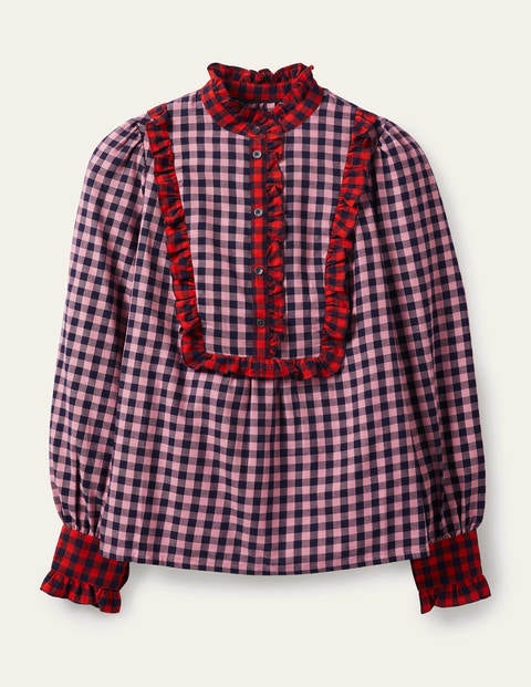 Isla Bluse mit Rüschen - Kirschblütenrosa/Navy, Vichykaros Isla Bluse mit Rüschen - Kirschblütenrosa/Navy, Vichykaros