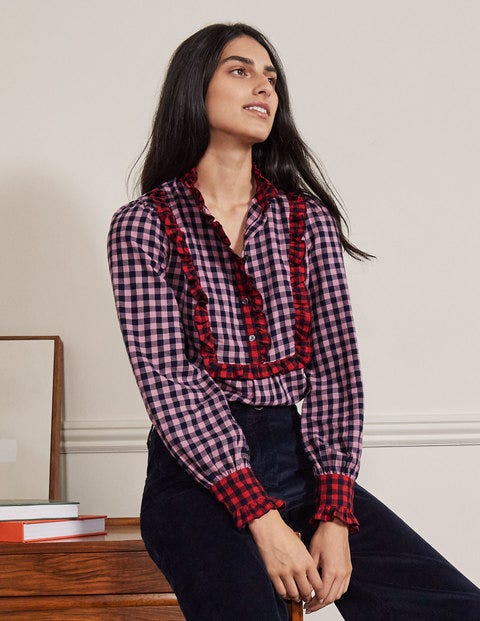 Isla Bluse mit Rüschen - Kirschblütenrosa/Navy, Vichykaros Isla Bluse mit Rüschen - Kirschblütenrosa/Navy, Vichykaros