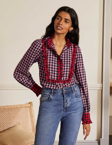 Isla Frill Detail Blouse - Formica Pink and Navy Gingham Isla Frill Detail Blouse - Formica Pink and Navy Gingham