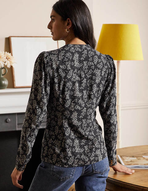 Puff Sleeve Shirt - Black Leafy Sprig Puff Sleeve Shirt - Black Leafy Sprig