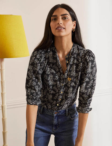 Puff Sleeve Shirt - Black Leafy Sprig Puff Sleeve Shirt - Black Leafy Sprig