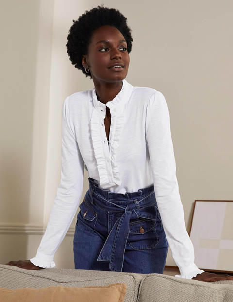 Ruffle Front Jersey Top - White Ruffle Front Jersey Top - White
