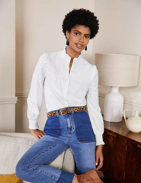 Smocked Yoke Jersey Shirt - White Smocked Yoke Jersey Shirt - White