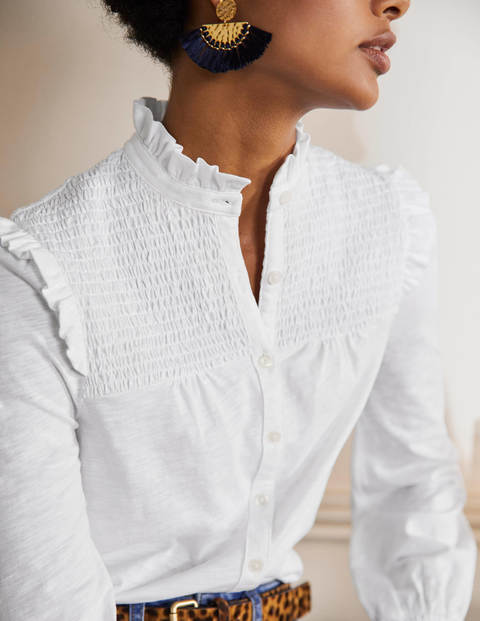 Smocked Yoke Jersey Shirt - White Smocked Yoke Jersey Shirt - White