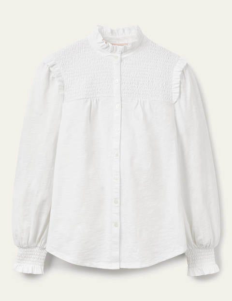 Smocked Yoke Jersey Shirt - White Smocked Yoke Jersey Shirt - White