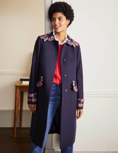 Floral Embroidered Coat - Navy Embroidered Floral Embroidered Coat - Navy Embroidered