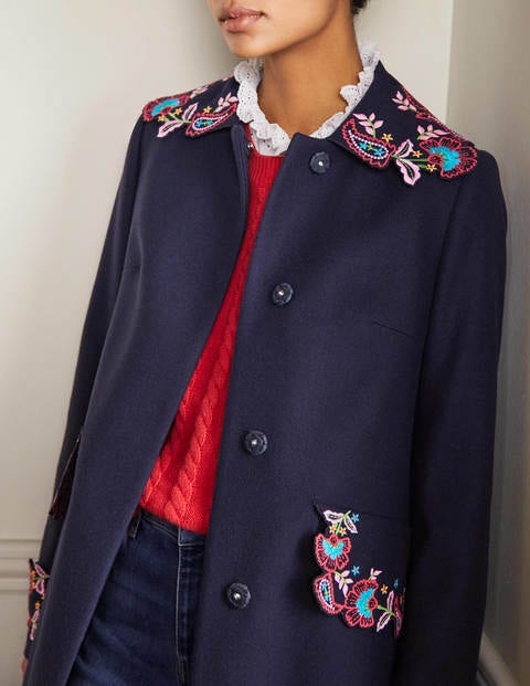 Floral Embroidered Coat - Navy Embroidered Floral Embroidered Coat - Navy Embroidered