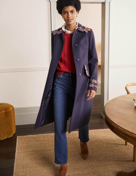 Floral Embroidered Coat - Navy Embroidered Floral Embroidered Coat - Navy Embroidered