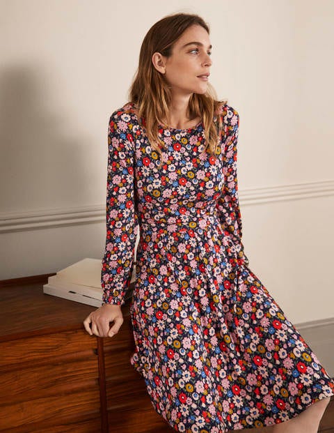 Evelyn Jersey Midi Dress - French Navy, Elegant Bloom Evelyn Jersey Midi Dress - French Navy, Elegant Bloom