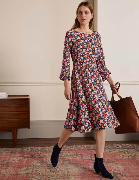 Evelyn Jersey Midi Dress - French Navy, Elegant Bloom Evelyn Jersey Midi Dress - French Navy, Elegant Bloom