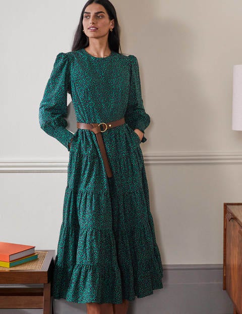 Robe longue à volants - Vert des Highlands, motif Rambling Ditsy Robe longue à volants - Vert des Highlands, motif Rambling Ditsy
