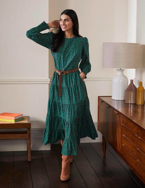 Robe longue à volants - Vert des Highlands, motif Rambling Ditsy Robe longue à volants - Vert des Highlands, motif Rambling Ditsy
