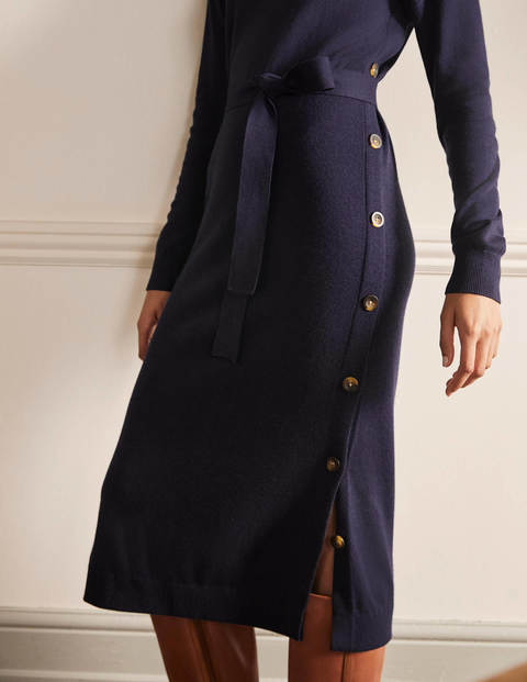 Side Button Knitted Dress - Navy
