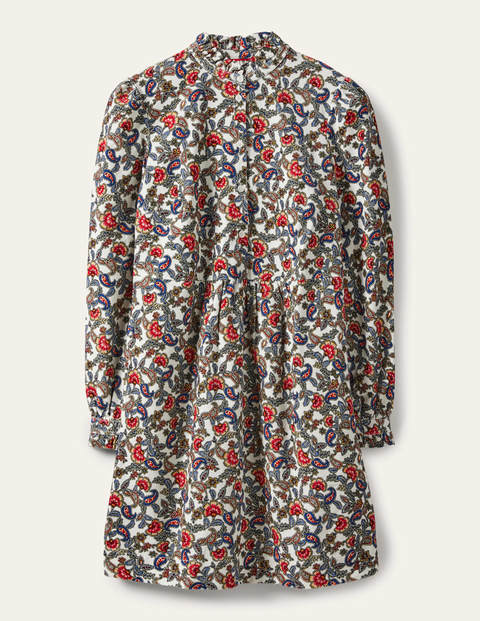 Cordkleid mit Rüschenkragen - Naturweiß, Exotisches Blumenmuster Cordkleid mit Rüschenkragen - Naturweiß, Exotisches Blumenmuster