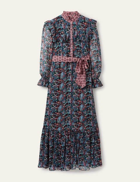 Maxikleid mit Rüschenstufen - Schwarz/Rot, Fantasiemuster Maxikleid mit Rüschenstufen - Schwarz/Rot, Fantasiemuster