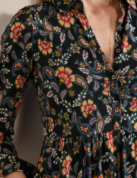 Alma Jersey Shirt Dress - Black, Exotic Floral Alma Jersey Shirt Dress - Black, Exotic Floral