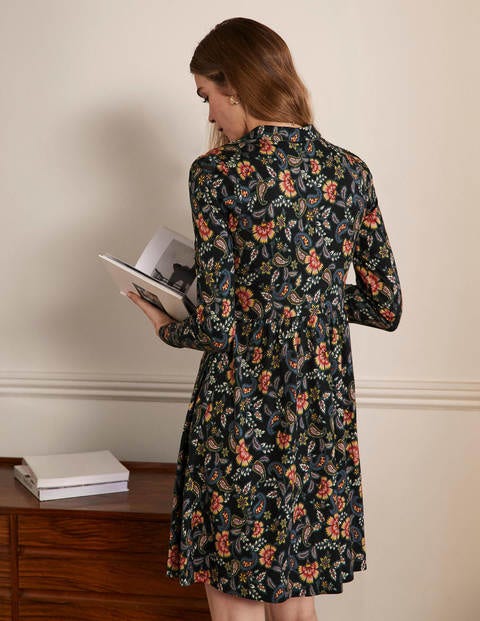 Alma Jersey Shirt Dress - Black, Exotic Floral Alma Jersey Shirt Dress - Black, Exotic Floral