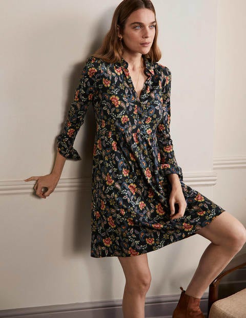 Alma Jersey Shirt Dress - Black, Exotic Floral Alma Jersey Shirt Dress - Black, Exotic Floral